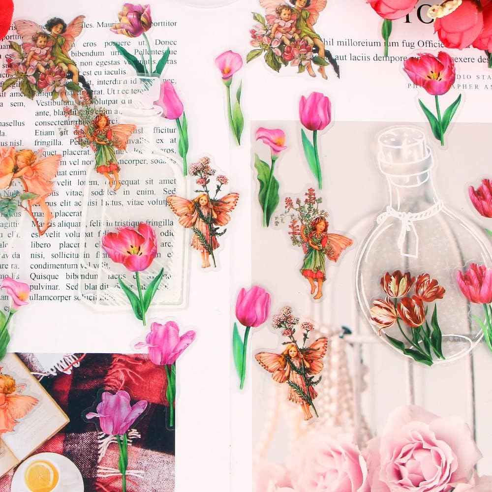 40 calcomanías para álbumes de recortes de flores, suministros de diario, tulipanes, cristalería, botella, marco, calcomanías de hadas de flores