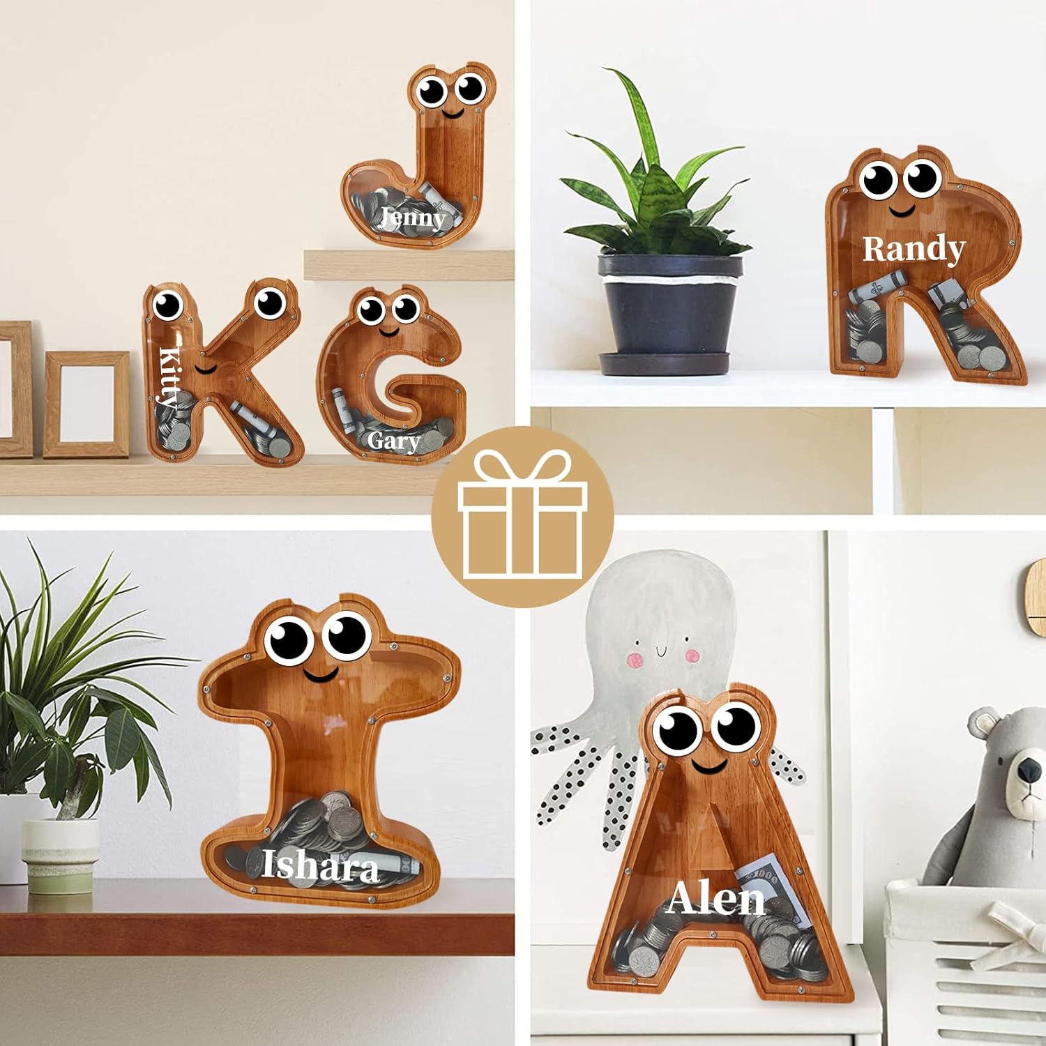 Alcancía de madera, alcancía de letras personalizadas (9.1 pulgadas, grabado láser), caja de dinero de madera, alcancía de regalo para niños, regalo