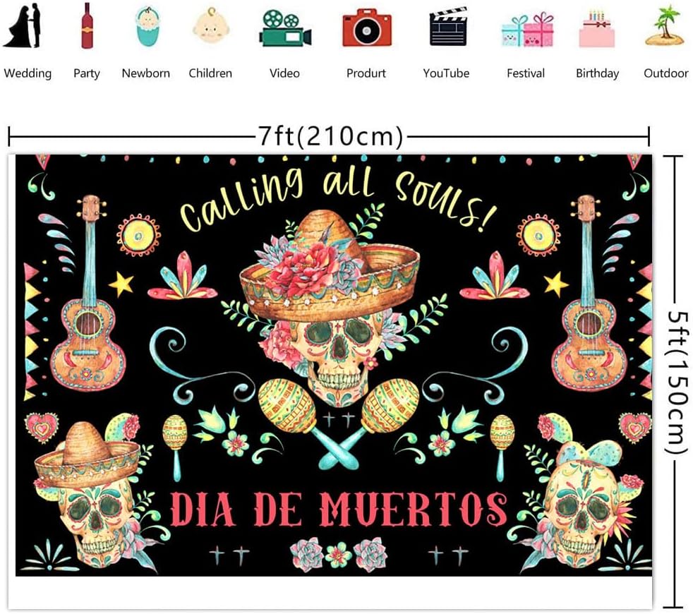 Ticuenicoa Telón de fondo de fiesta mexicana de 7 x 5 pies, Día de Muertos llamando a todas las almas, accesorios de fiesta de carnaval, bandera