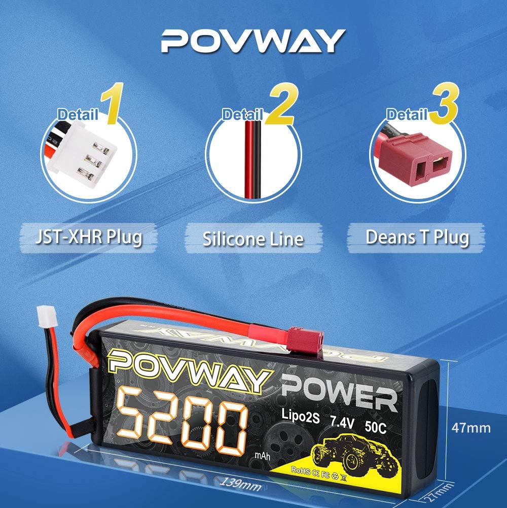 POVWAY 5200mAh 2S LiPo Battery 50C 7.4V RC Battery Hard Case with Dean-Style T Connector for RC Cars, RC Truck, RC Airplane, RC Helicopter, Drone,