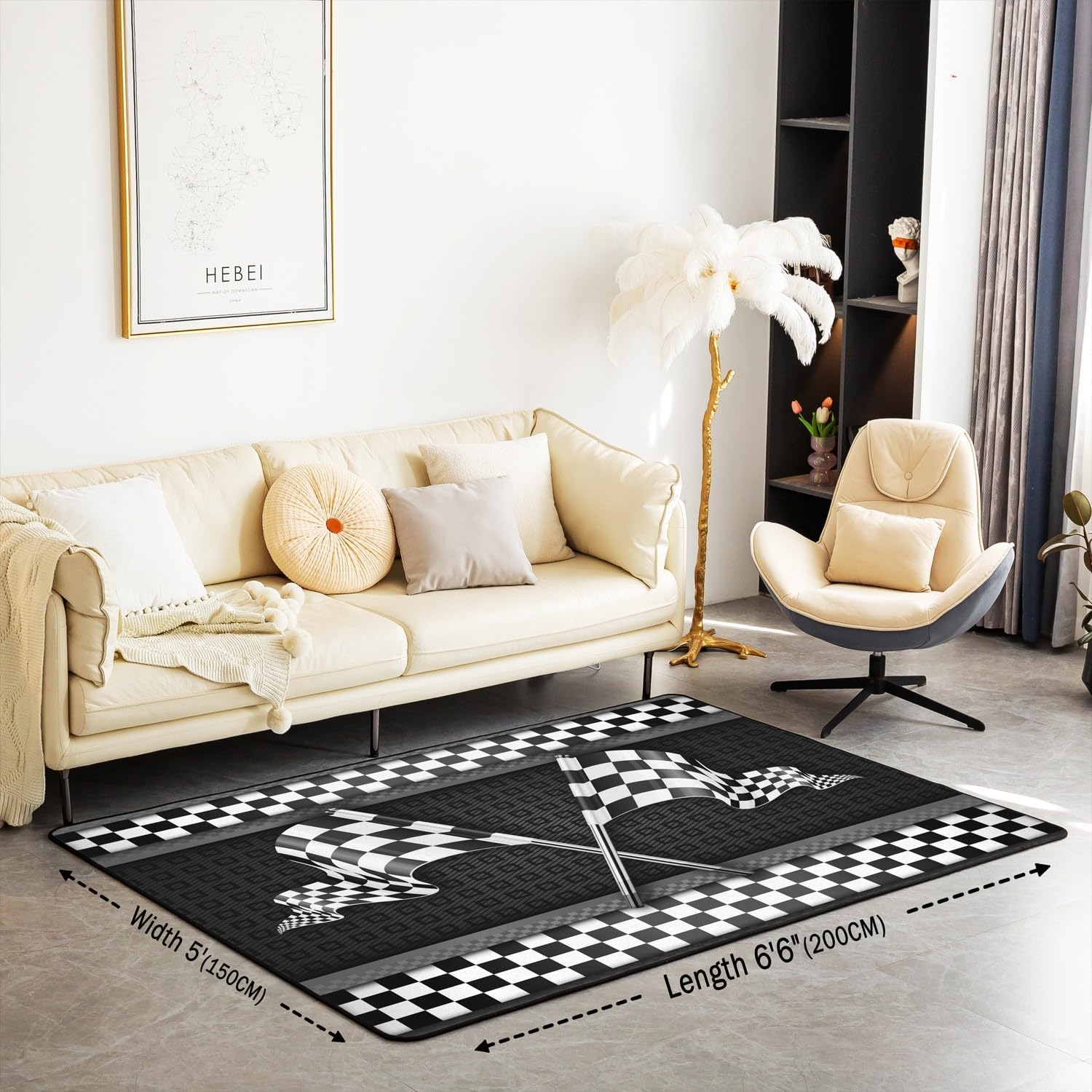 Alfombra temática de coche de carreras de 5 x 6 pies 6 pulgadas, decoración de bandera a cuadros blancos y negros que no se desprende, para