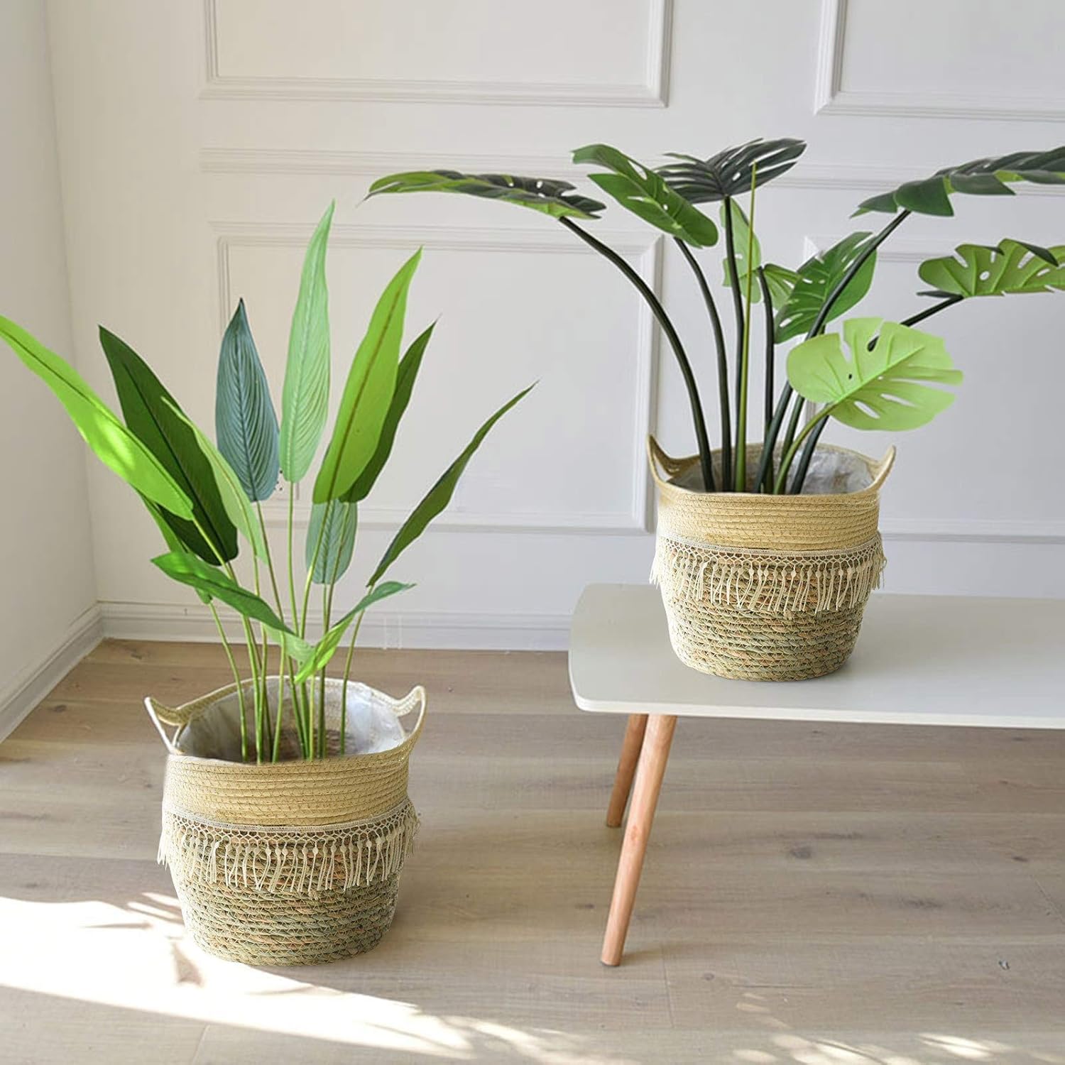 Cesta tejida de hierba marina para maceta, hecha a mano, decoración del hogar para almacenamiento, maceta, cesta de lavandería, picnic, cesta de