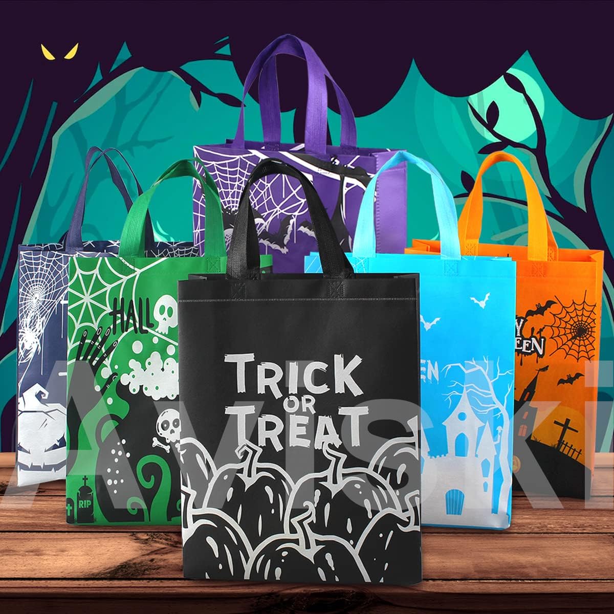 Aviski 6 bolsas de Halloween para dulce o truco, bolsas de Halloween con asas, bolsas de regalo grandes, bolsas multifuncionales no tejidas para