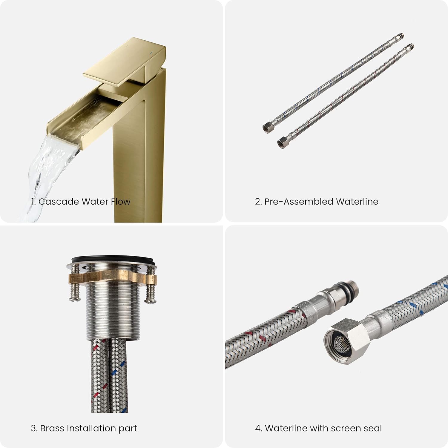 KIBI Grifo de recipiente de una sola manija para lavabo de baño  Caño de latón macizo de arco alto (oro cepillado) (KBF1005) (drenaje desplegable
