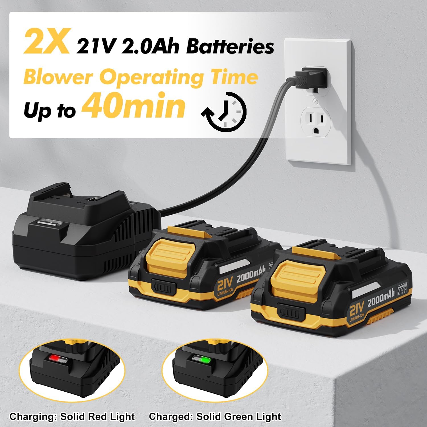 Soplador de hojas inalámbrico con 2 baterías y cargador, soplador de hojas eléctrico de mano de 150 MPH con 2 modos de velocidad 21 V 2.0 Ah