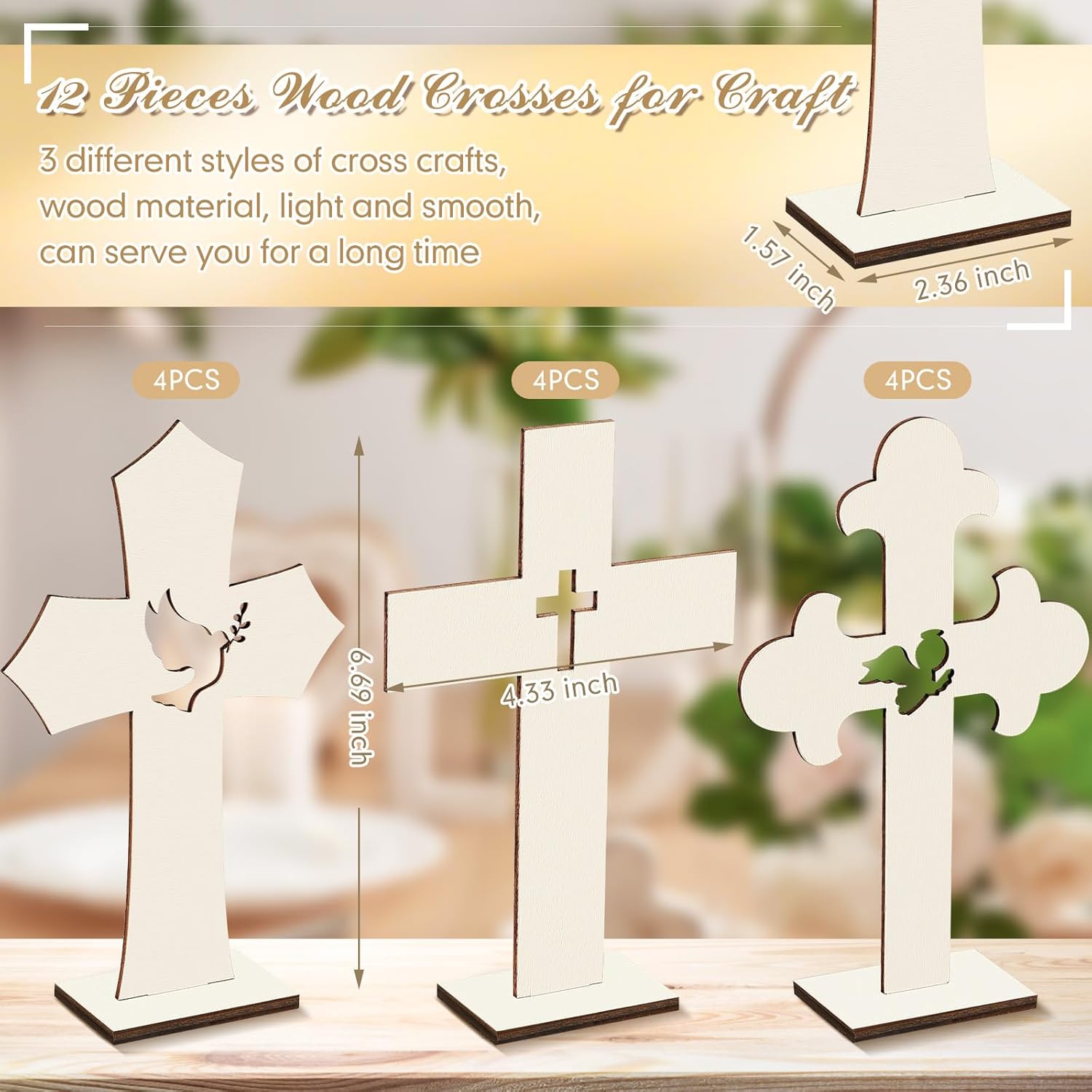 24 centros de mesa de bautismo para mesas, 12 cruces de madera para manualidades, 12 centros de mesa de aro floral de metal con soporte, centros de