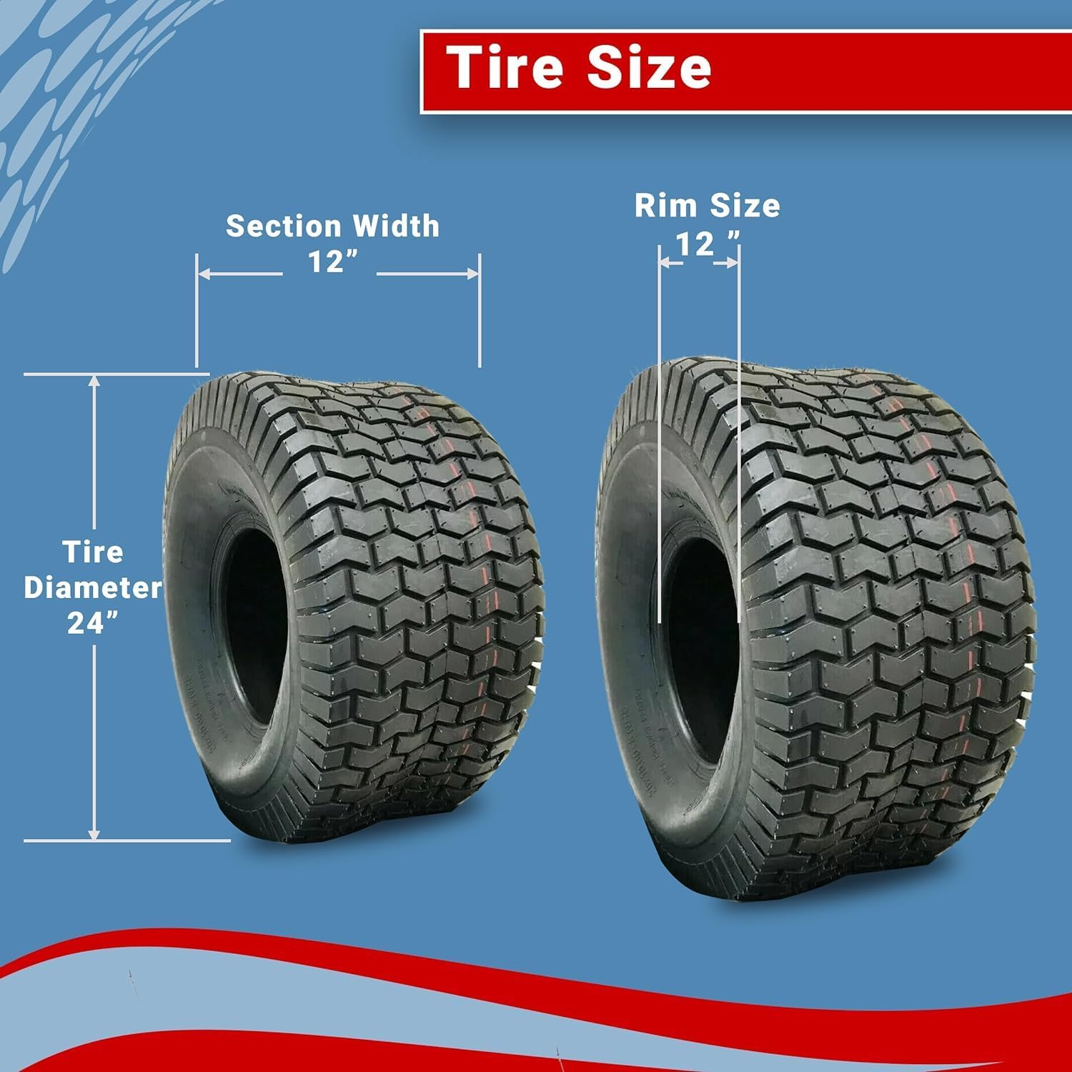 Dos neumáticos de tractor para cortacésped de 24 x 12.00-12 pulgadas, neumáticos traseros resistentes sin cámara de 24 x 12 x 12 pulgadas para una