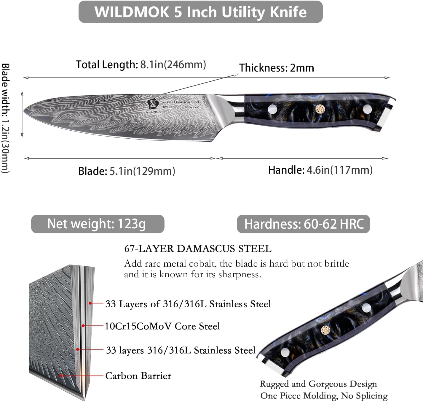 WILDMOK Cuchillo de cocina de 5 pulgadas, Damasco Japón VG-10, cuchillo de cocina de acero afilado, mango ergonómico de resina de color, caja de