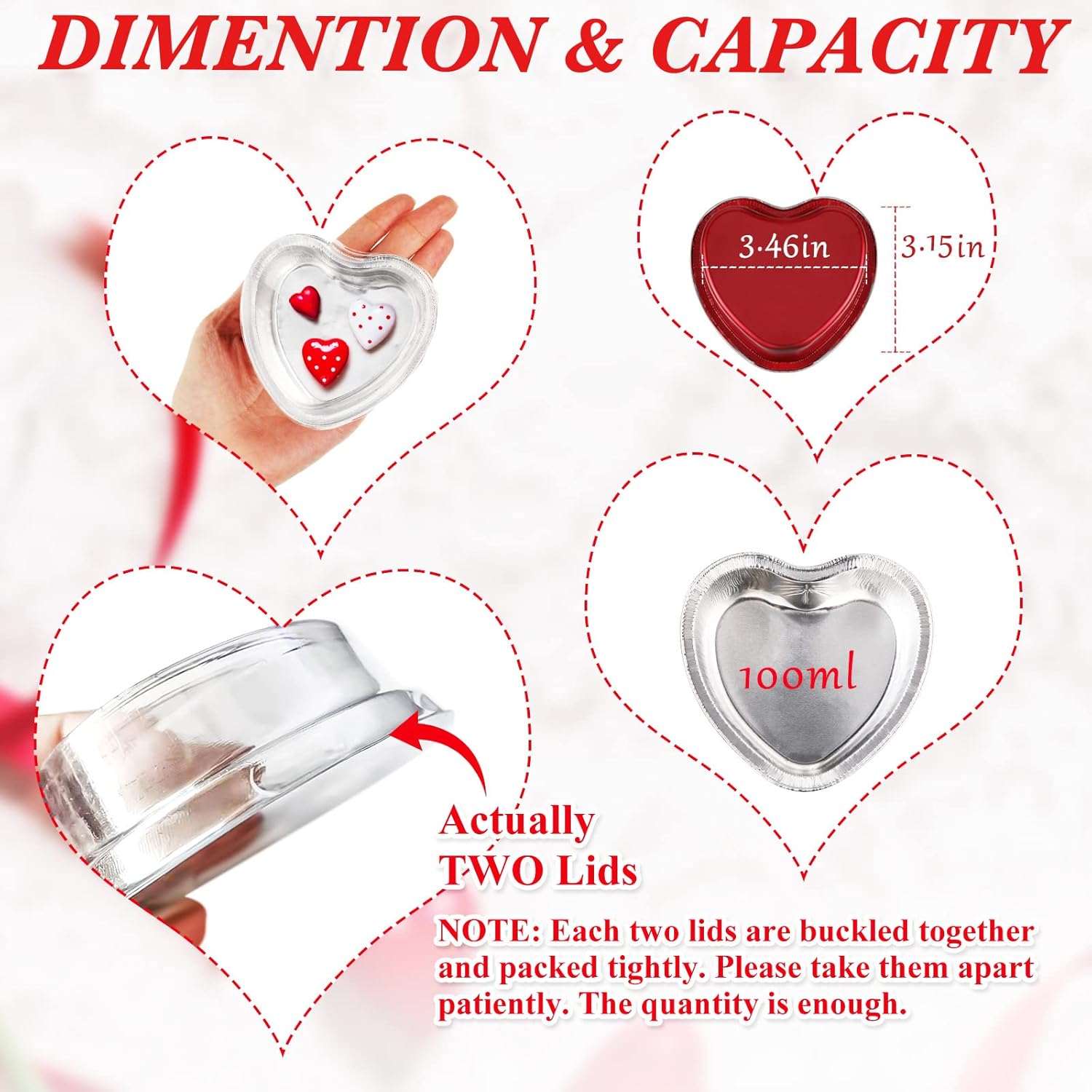 Molde de aluminio para tartas en forma de corazón con tapas, 3.4 fl oz3.4 onzas, desechable, mini taza, flan para hornear, para San Valentín, Día de