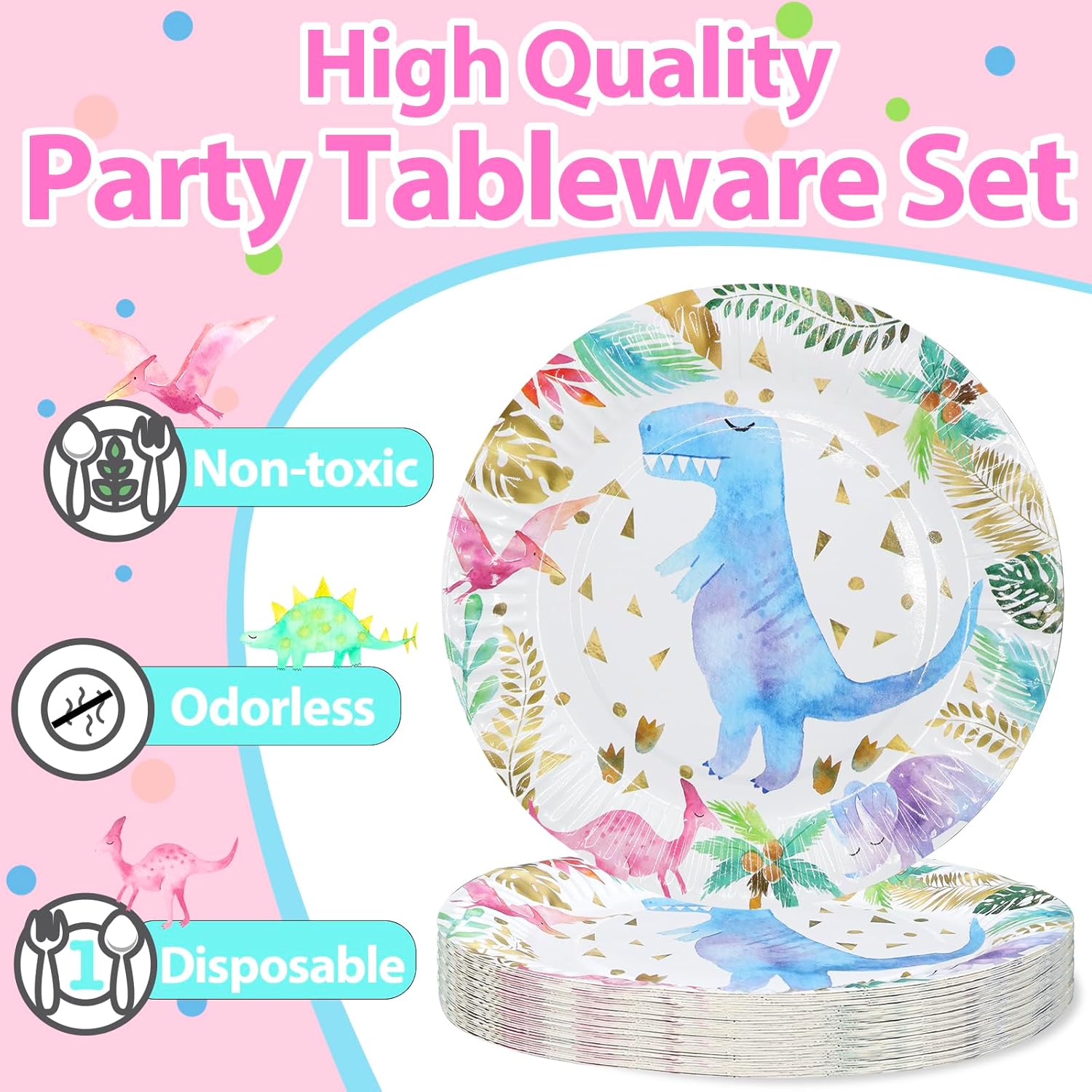 Juego de vajilla de fiesta de dinosaurio de acuarela para niña, suministros para fiesta de cumpleaños de dinosaurio rosa, incluye platos para tartas