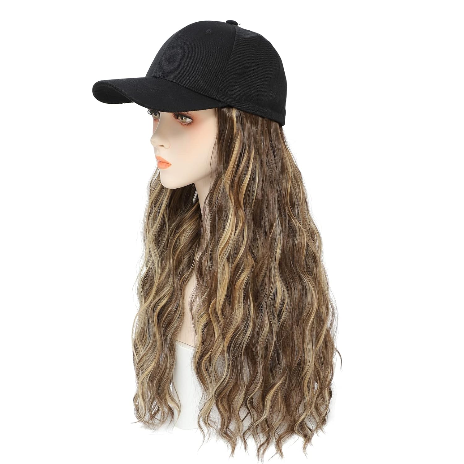 Peluca de gorra de béisbol, extensiones de cabello largo natural ondulado con sombrero, resistente al calor, fibra sintética, peluca ajustable para