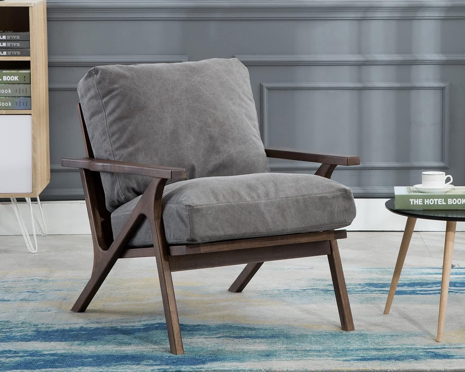 CIMOTA Silla decorativa moderna, cómoda silla tapizada de tela con reposabrazos de mediados de siglo con cojín acolchado extraíble y marco de madera