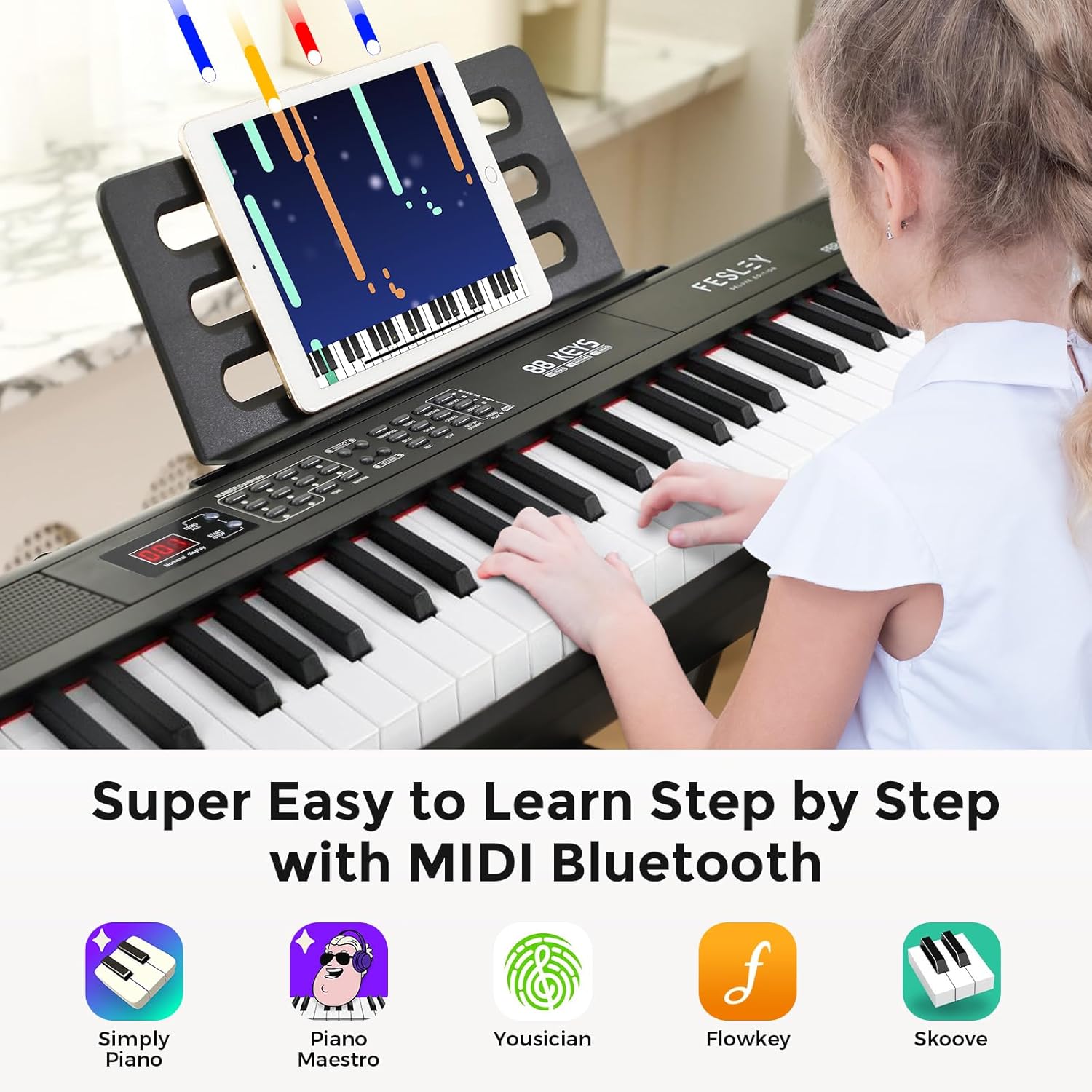 Fesley Teclado de piano de 88 teclas, teclado digital de tamaño completo, piano eléctrico portátil, teclado de 88 teclas con soporte de música,