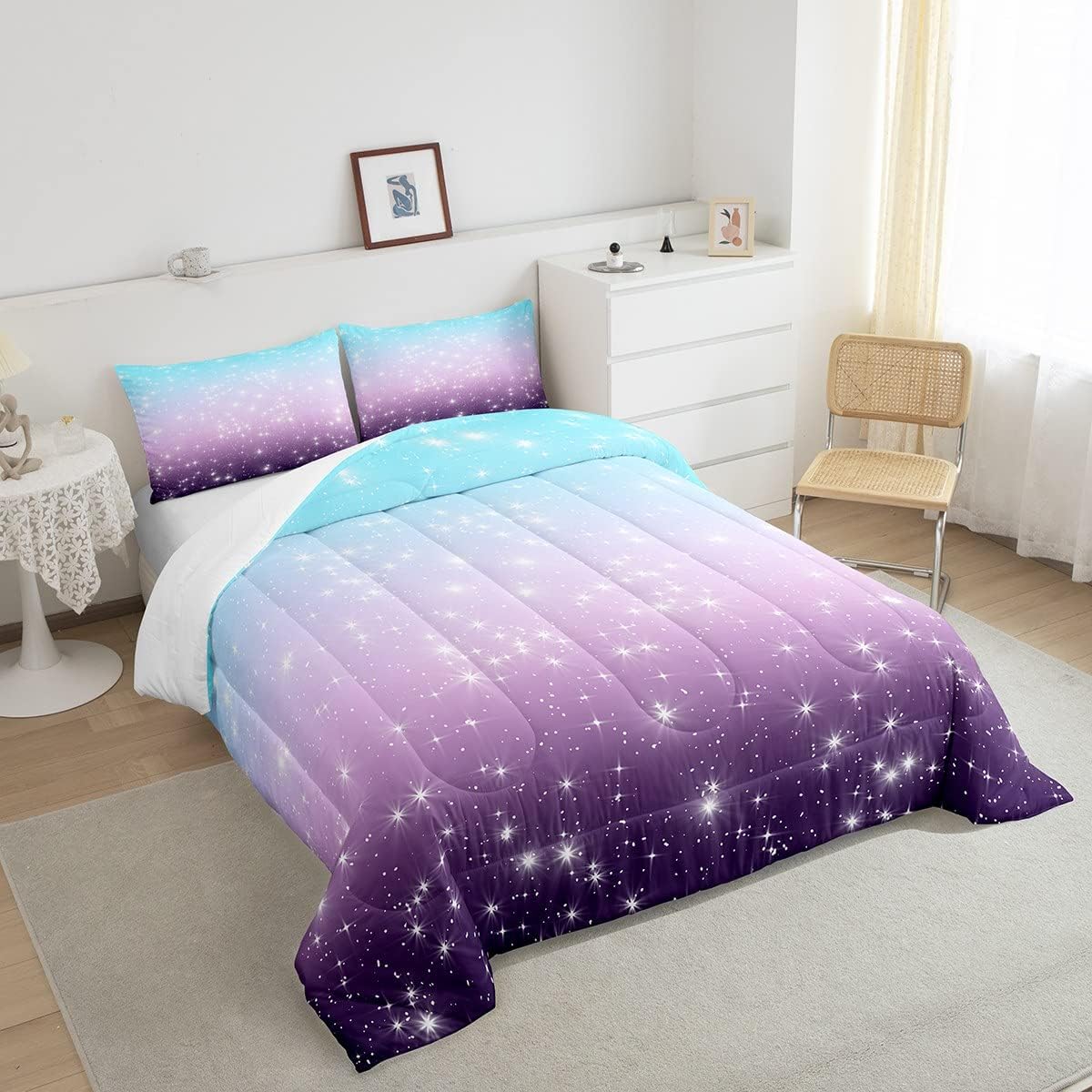 Erosebridal Juego de edredón con purpurina de estrellas espaciales para niños, juego de ropa de cama degradada, azul y morado, tamaño matrimonial,