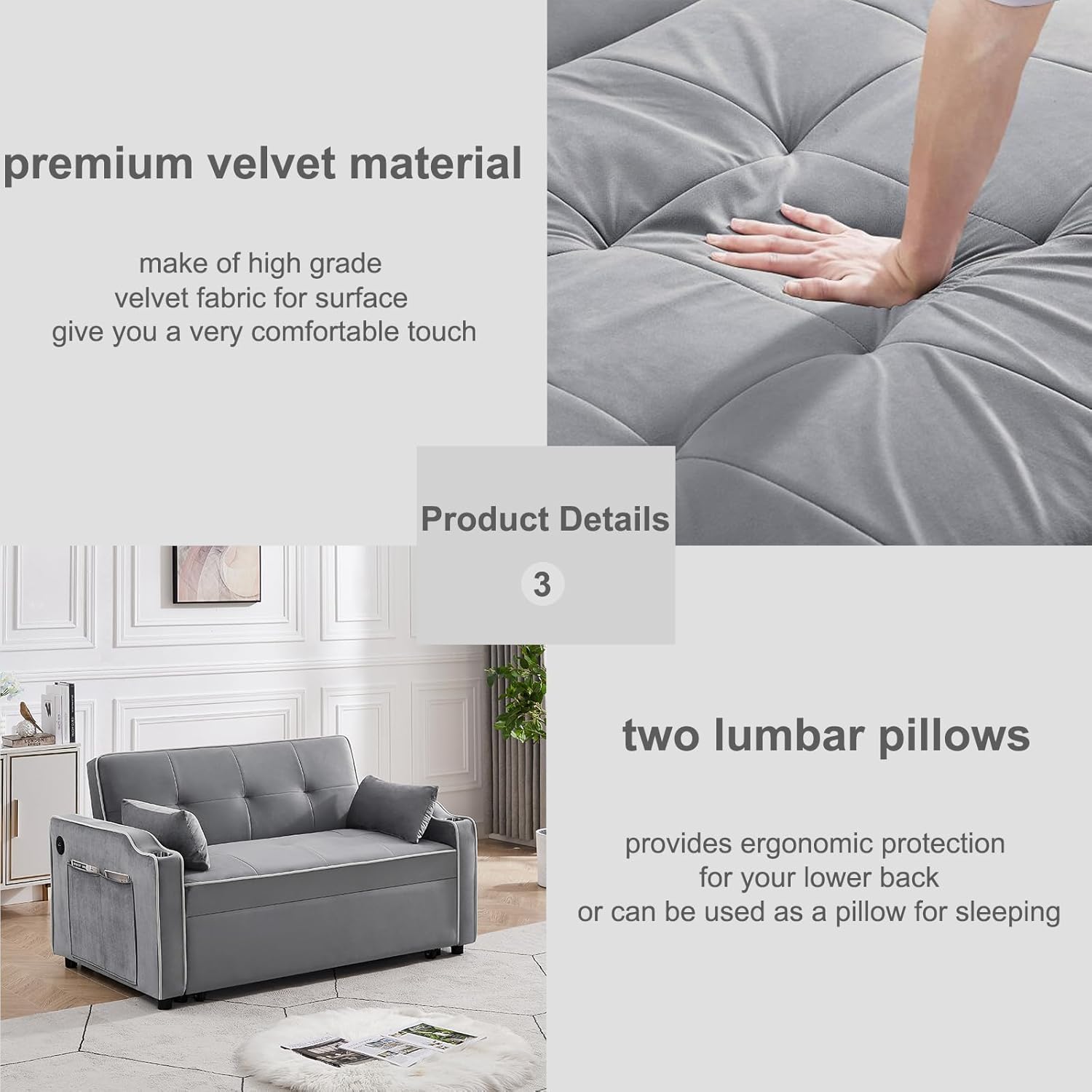 Sofá cama convertible 3 en 1 con puertos USB, cómodo sofá biplaza de terciopelo de 55 pulgadas con portavasos, sofá cama extraíble con