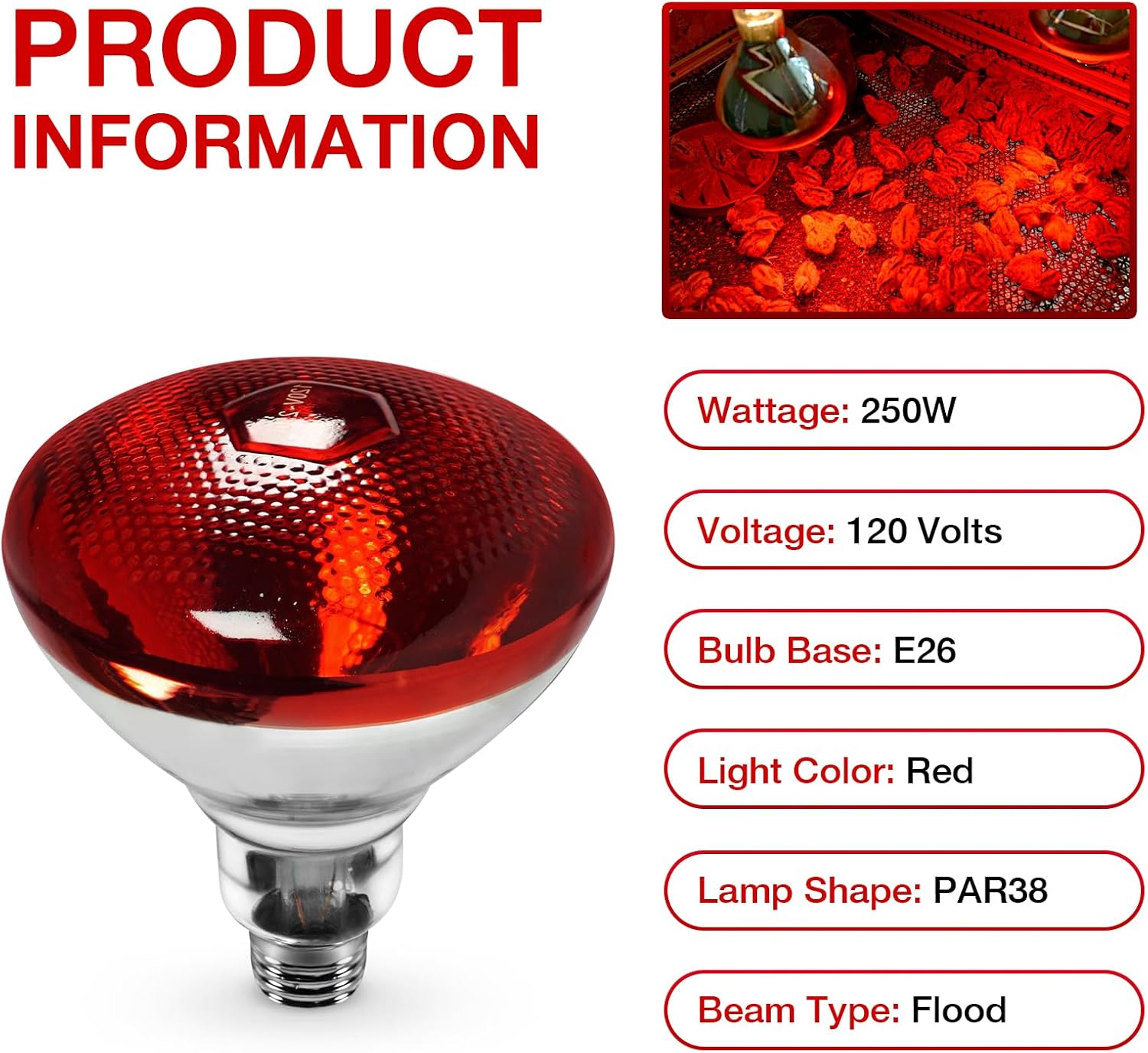 Lámpara de calor rojo infrarrojo PAR38250 vatios bombilla de vidrio para servicio de alimentos, bombilla de criador, pollos, mascotas, baño, uso de