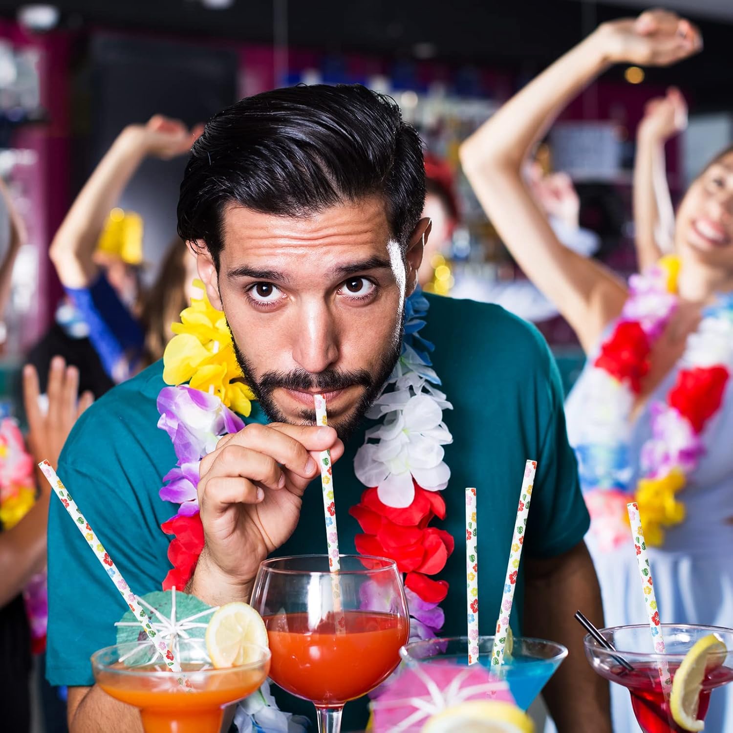 100 pajitas de papel de hibisco, pajitas de papel hawaianas tropicales para fiestas, cócteles, decoraciones para suministros de fiesta, cumpleaños,