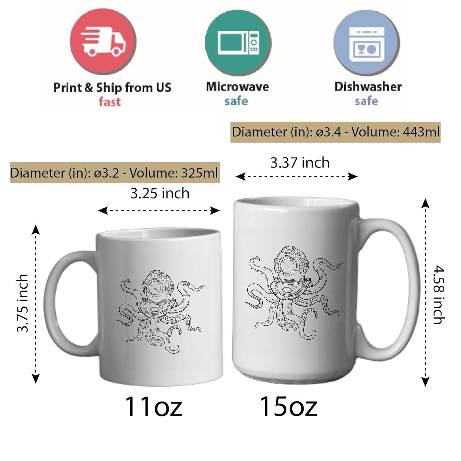 Scuba Diver Octopus Body Gift Creative Stroke Style Design for Nature Lovers Ocean Fans 11oz 15oz White Coffee Mug
