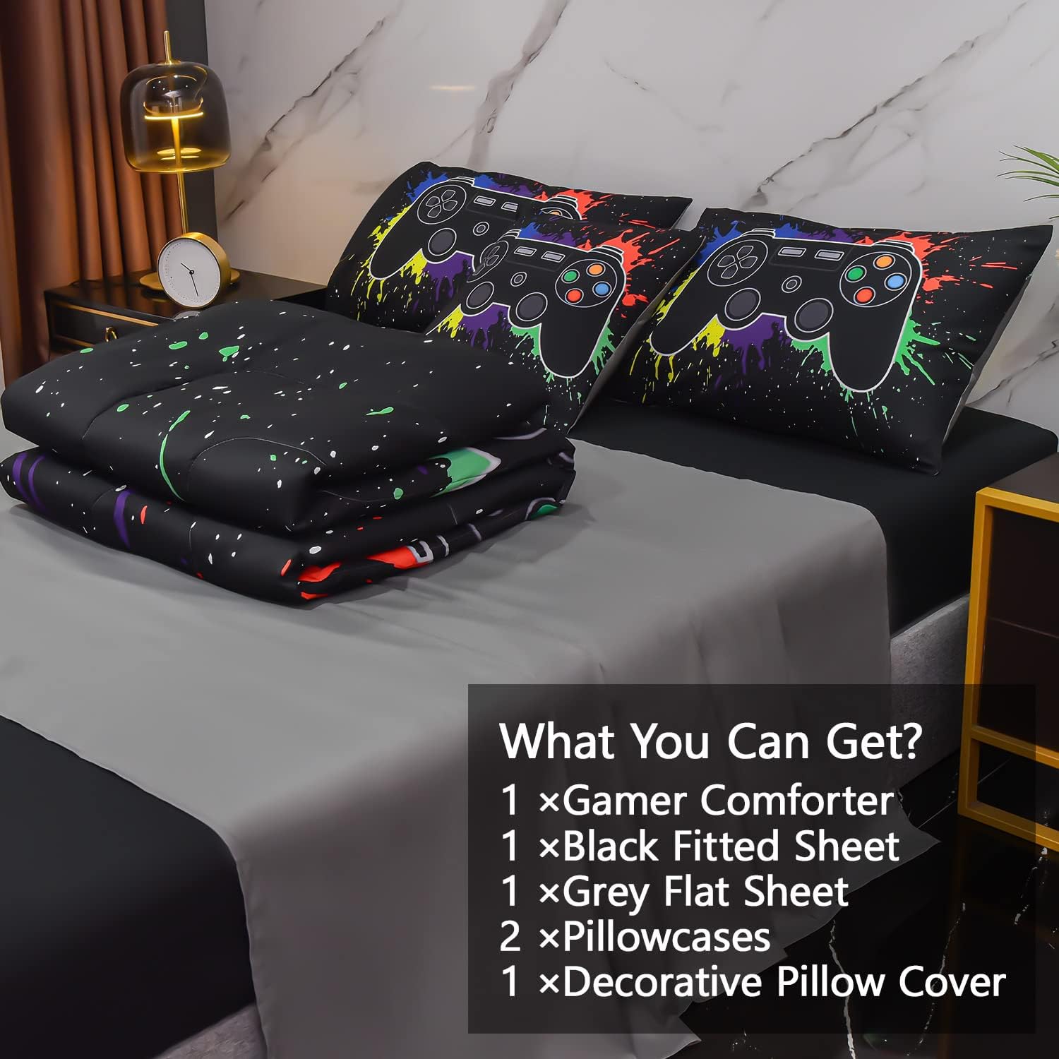 Keyroal Juego de edredón de 6 piezas con sábanas para niños, niñas, niños y adolescentes, ropa de cama con temática de juegos de grafiti colorido en