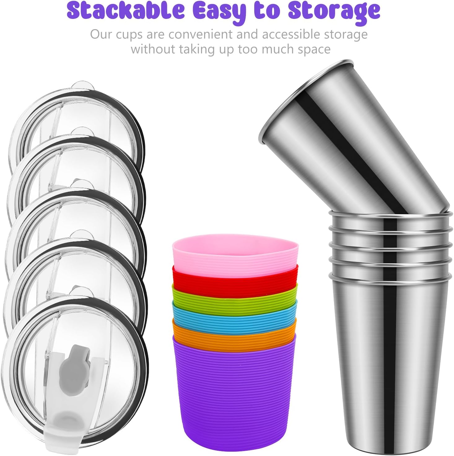 Yummy Sam Paquete de 6 vasos de 16 onzas para niños con tapas a prueba de derrames, de acero inoxidable, irrompibles, aislados, con mangas