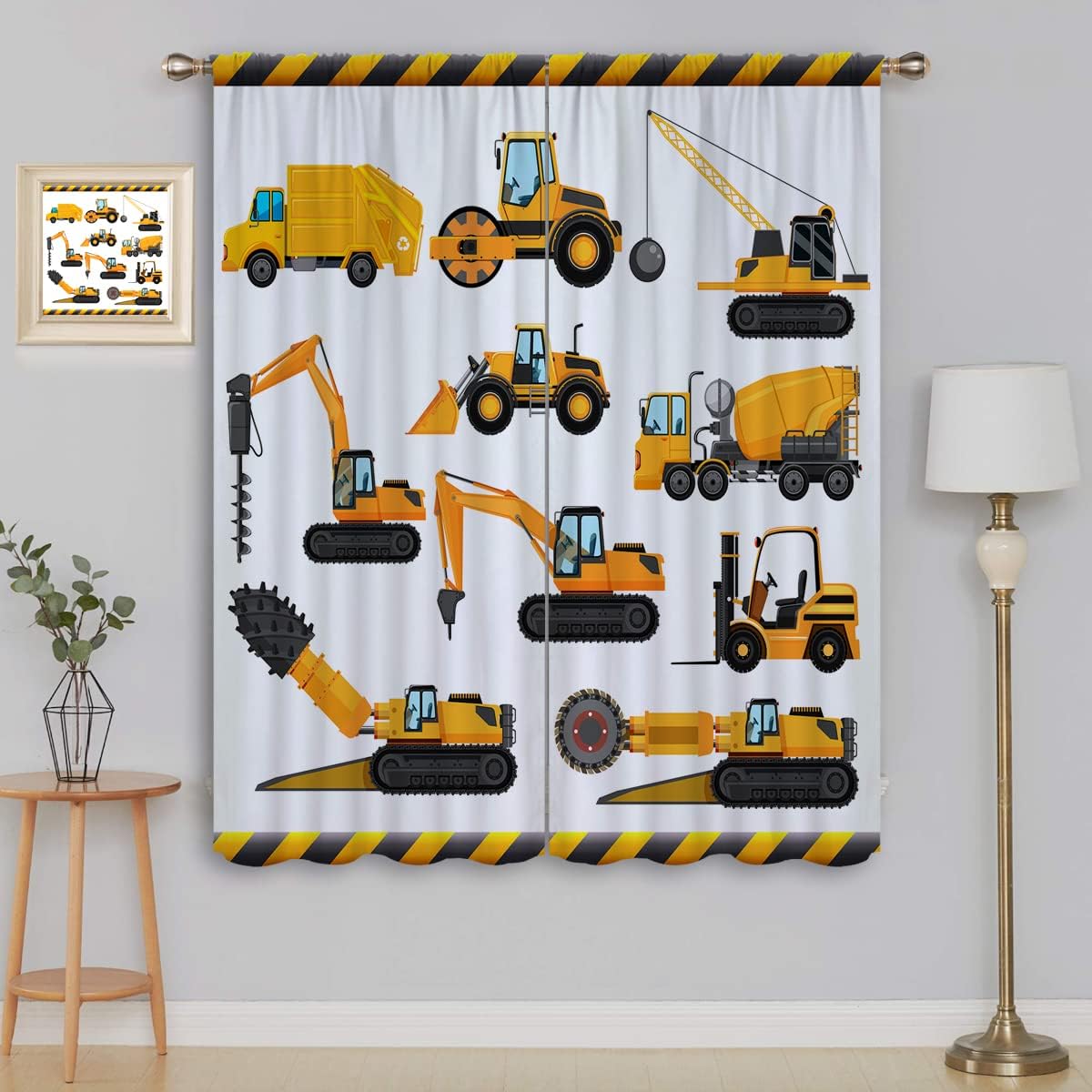 Cortinas opacas de construcción para niños y niñas, decoración de oscurecimiento de habitación, bulldozer de dibujos animados amarillos, tractor,