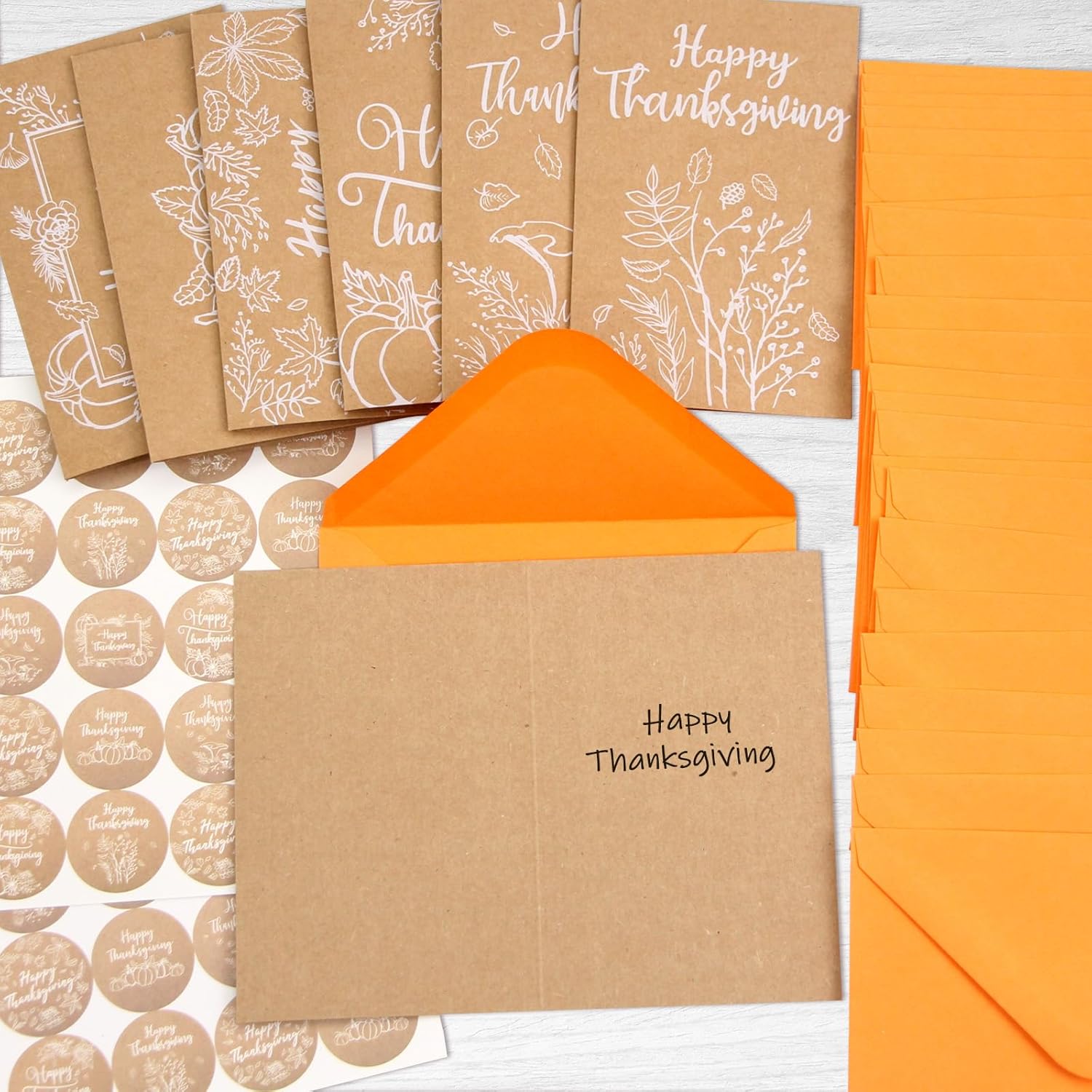 WorldBazaar Tarjetas de Acción de Gracias con sobres, 24 unidades, calabaza de otoño, tarjetas de felicitación de papel kraft para otoño y Acción de