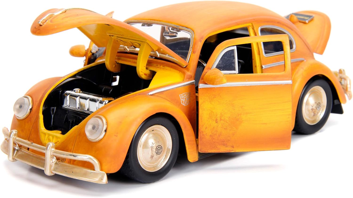 Jada Toys 253115000 Transformers Bumblebee VW Beetle Coche de juguete de fundido, puertas abiertas, bota y capó, figura de Charlie, escala 124,