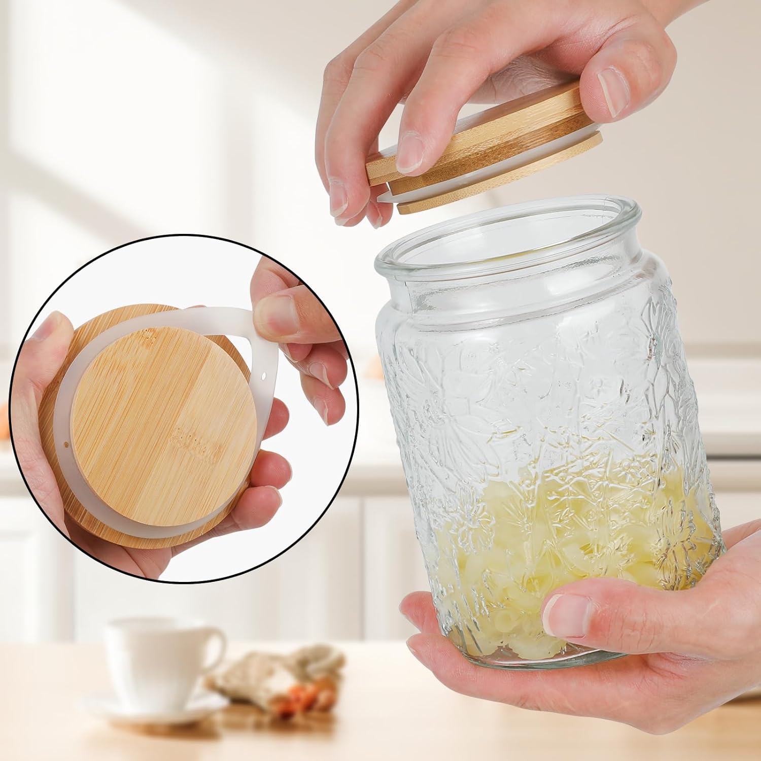 ZOEDO Tarros de vidrio vintage, tarros de almacenamiento herméticos de 23.5 onzas con tapa de bambú, contenedor de almacenamiento de alimentos,