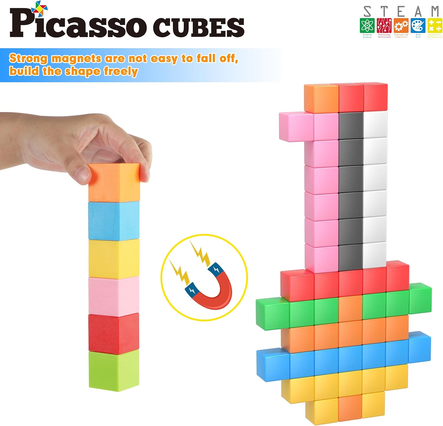 PicassoTiles Bloques de construcción de cubos magnéticos, 54 piezas de 1.2 pulgadas de 1.2 in, cubos magnéticos, juguete de construcción, juguetes