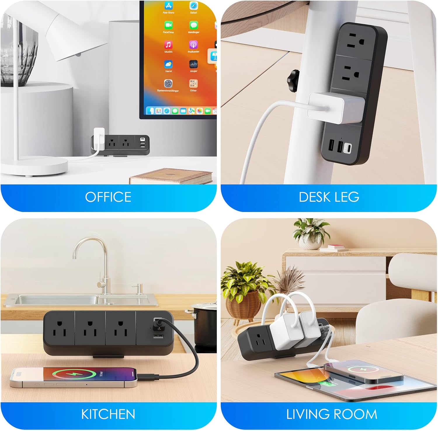 Regleta de alimentación con abrazadera de escritorio con 2 puertos USB-A y 1 USB-C, 3 salidas de CA, cable de 6 pies, se adapta a borde de mesa de