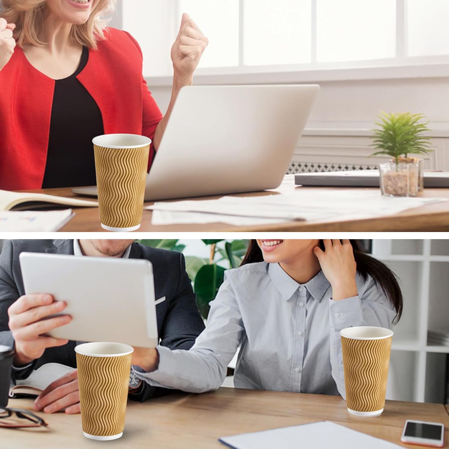 Clawsoff Paquete de 90 tazas de café desechables de 16 onzas sin tapas, tazas de café de papel de pared onduladas con aislamiento champán de 16