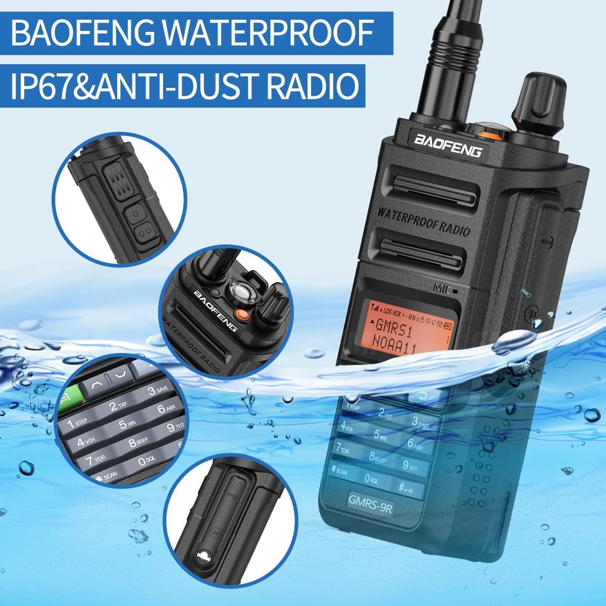 BAOFENG GMRS Radio impermeable, radios bidireccionales GMRS-9R, radio de mano de largo alcance recargable, escáner NOAA de doble banda, compatible