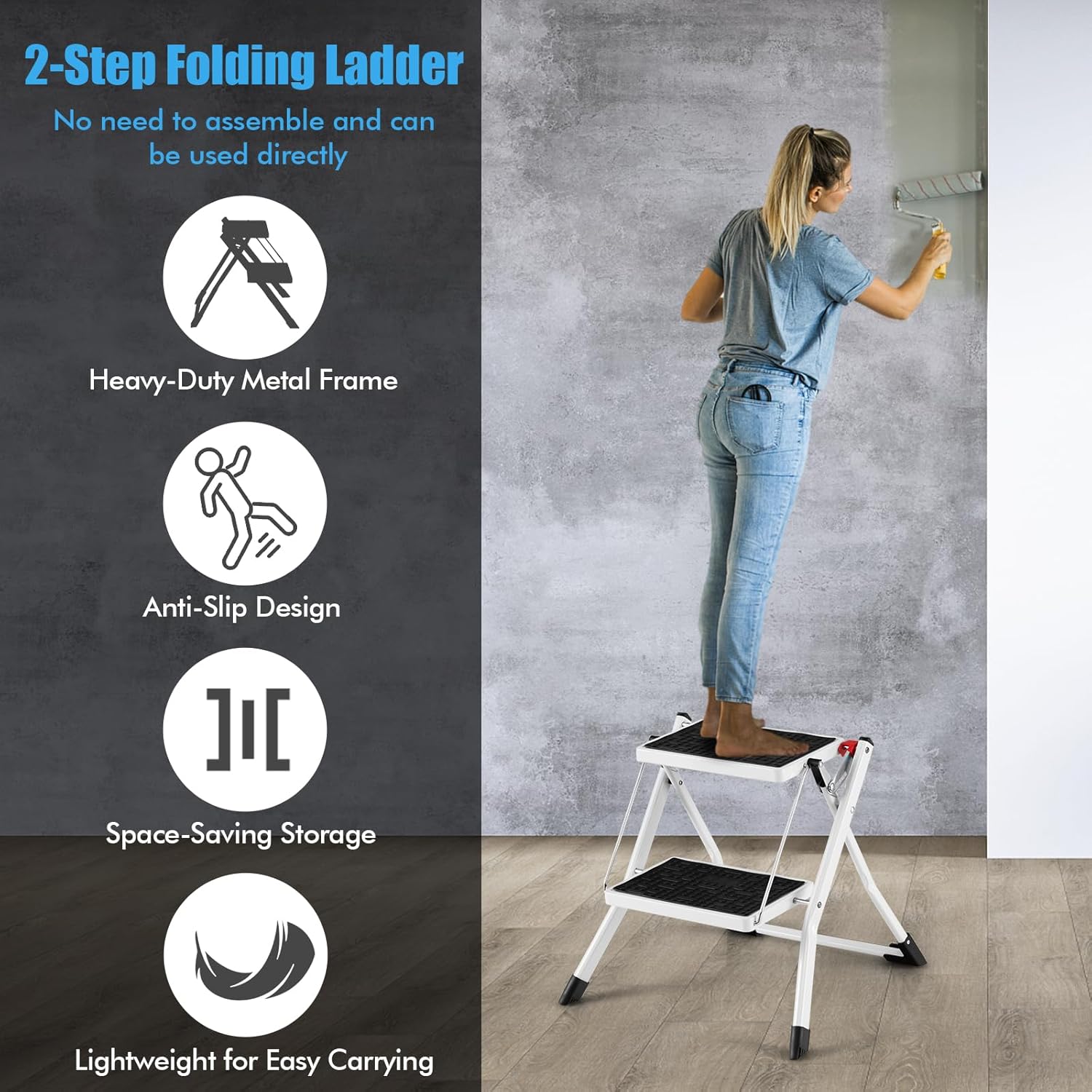 Safstar – Escalera plegable de 2 escalones, taburete ligero con pedal antideslizante, almohadillas y asa, marco de metal resistente, capacidad de