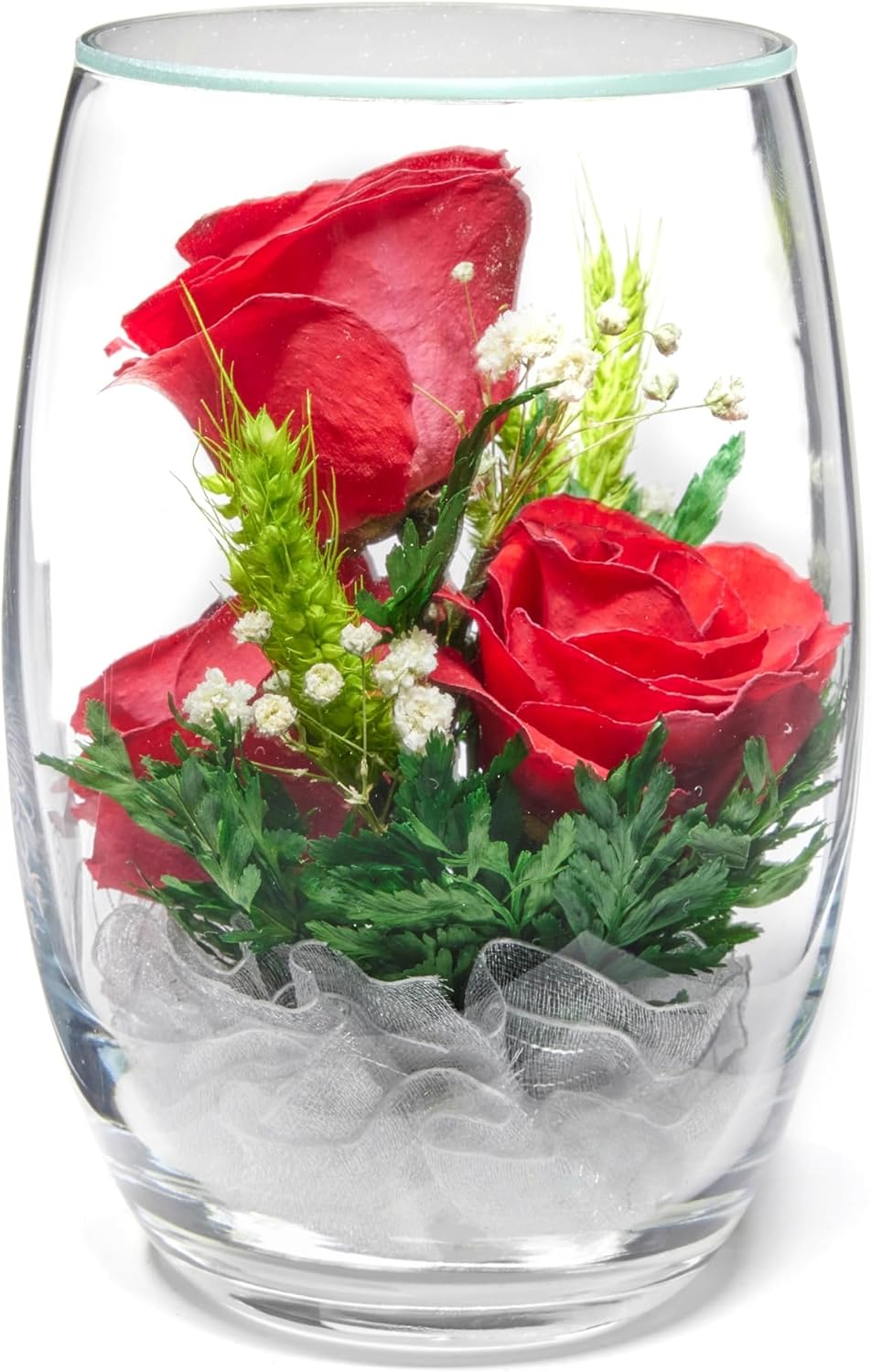 In Flores Veritas Rosas conservadas recién cortadas en un jarrón de vidrio sellado, ramo de larga duración que se mantiene fresco durante más de 5