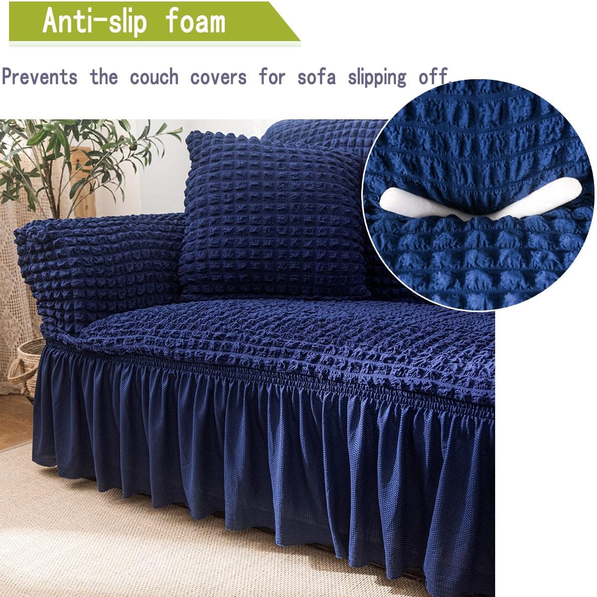 Funda elástica para sofá, funda protectora de muebles lavable, con parte inferior elástica y falda para niños y mascotas (azul, extragrande)
