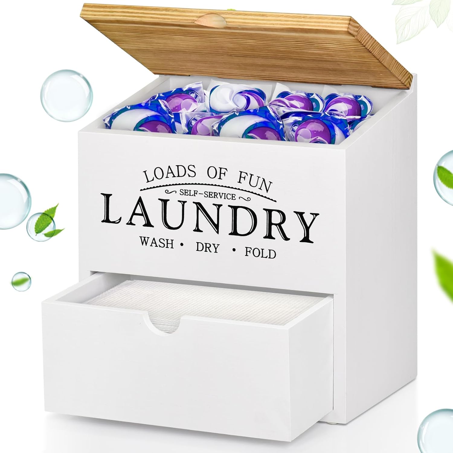 Contenedor de hojas de secadora para organización de lavandería, contenedor de cápsulas de lavandería con tapa y cajón, caja organizadora de