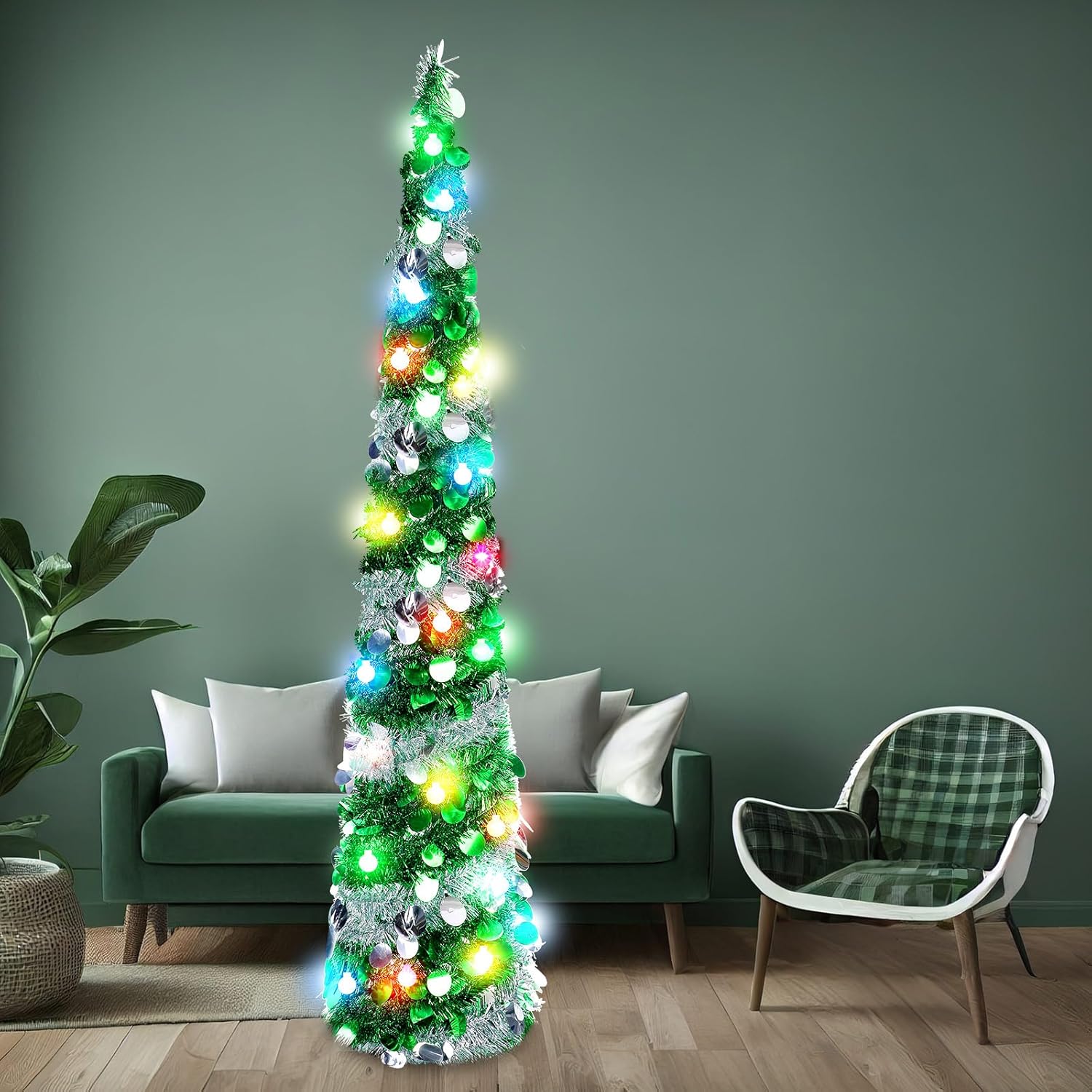 Sosation 2 piezas de árbol de 5 pies para el día de San Patricio preiluminado, árbol plegable artificial, plateado verde, árboles de oropel delgado