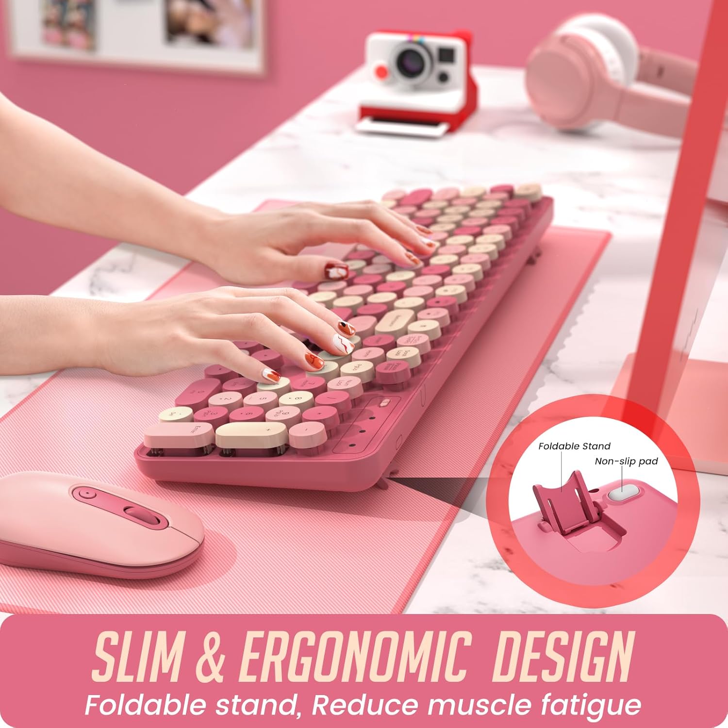LIZRROT, Teclado y mouse inalámbricos, teclado silencioso, teclado colorido de tamaño completo con teclas redondas, bonito mouse de 2.4 G compatible