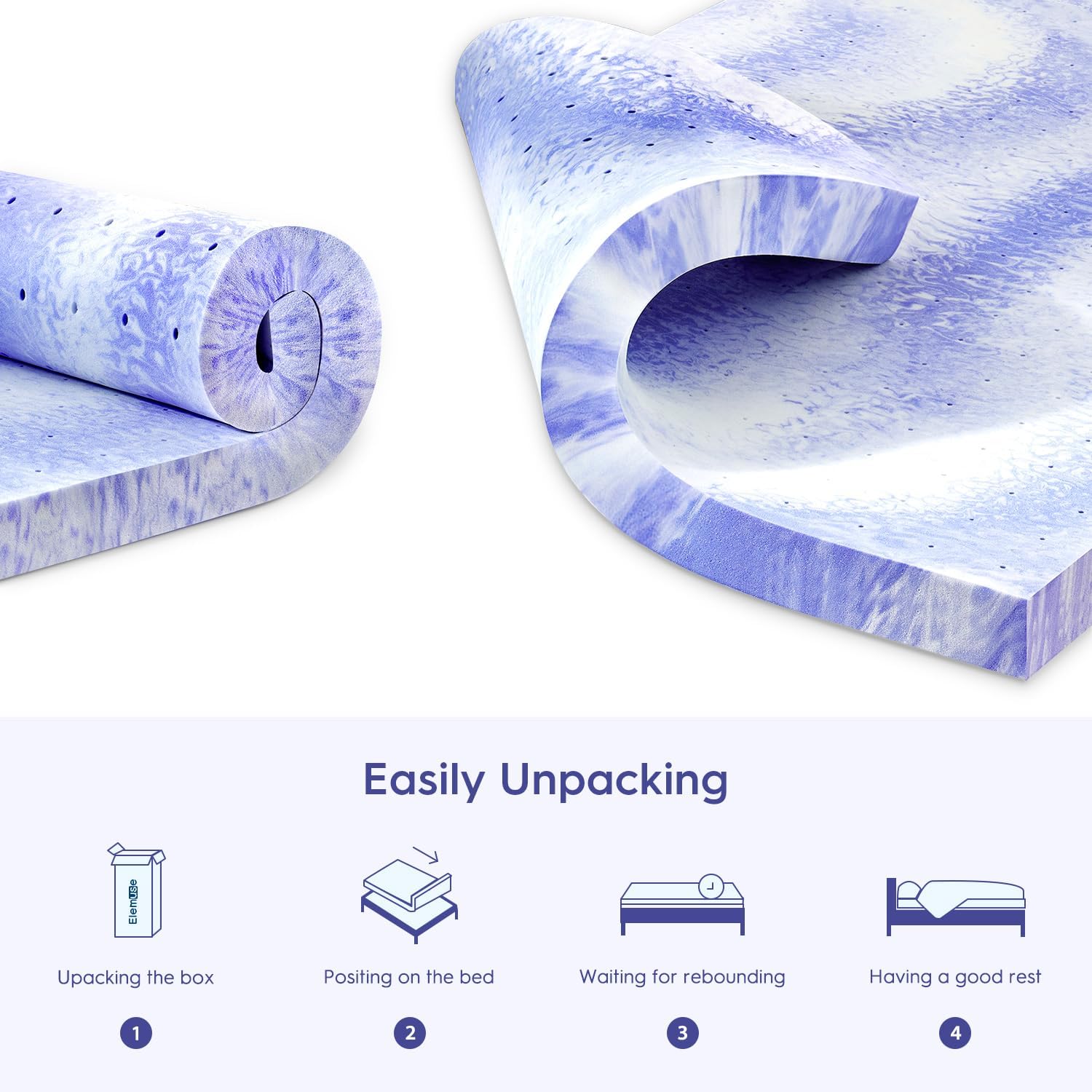 ELEMUSE Cubrecolchón de espuma viscoelástica con diseño ventilado de 4 pulgadas, almohadilla de espuma de remolino con gel refrescante para aliviar