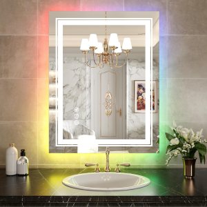 WTTY Espejo de baño LED RGB de 28 x 36 pulgadas con retroiluminación y 3 luces delanteras, espejo LED regulable continuo para baño, espejo de WTTY Espejo de baño LED RGB de 28 x 36 pulgadas con retroiluminación y 3 luces delanteras, espejo LED regulable continuo para baño, espejo de
