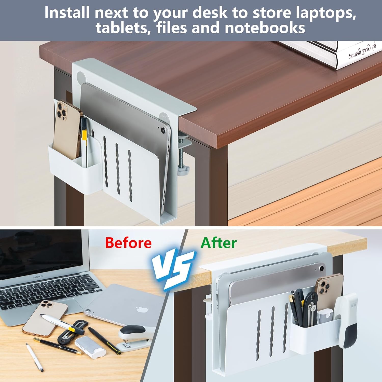 Soporte de almacenamiento lateral para escritorio, soporte para laptop con soporte magnético para bolígrafos, bandeja de gestión de cables debajo