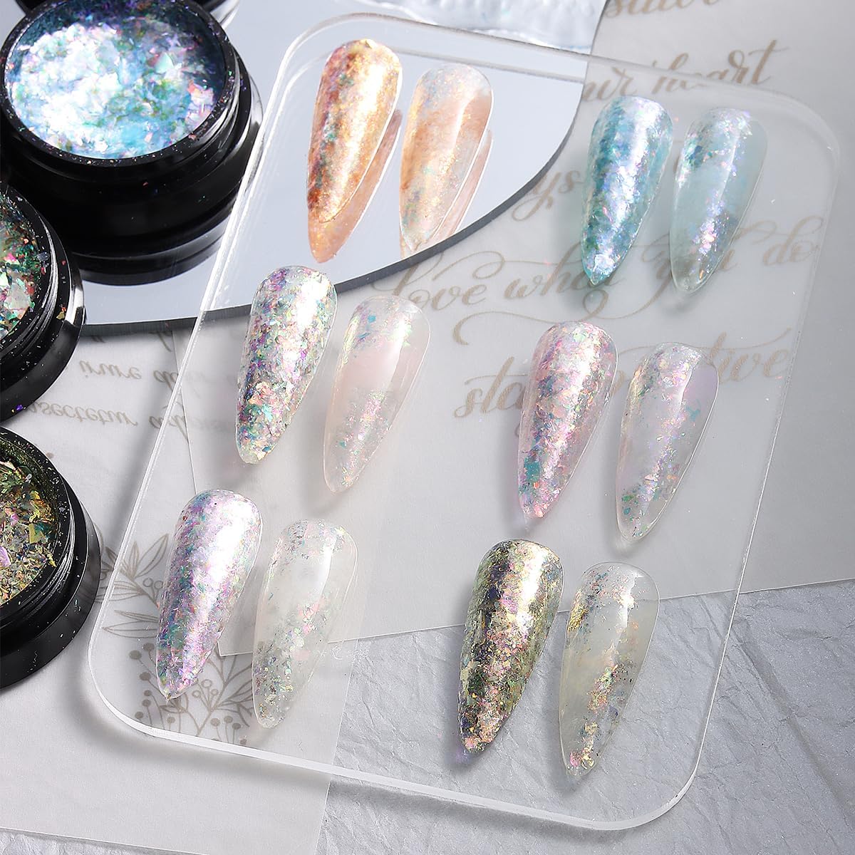 Juego de purpurina iridiscente para uñas, 6 copos de polvo cromado, efecto Aurora para uñas, escamas de ópalo de fuego de cristal rosa, azul,