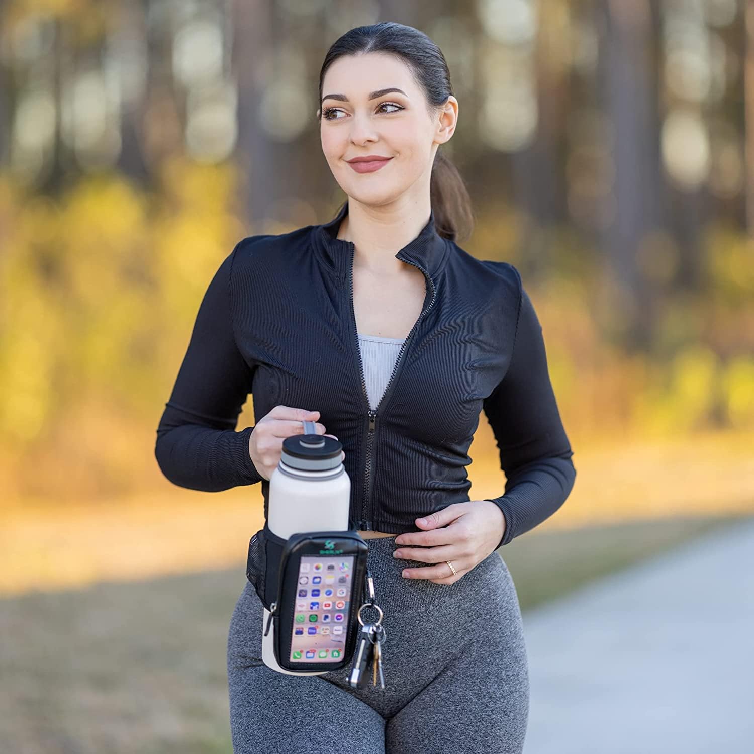 Bolsa para botella de agua de gimnasio con bolsillo impermeable para accesorios para pantalla táctil para teléfono. Llavero mosquetón, bolsillo