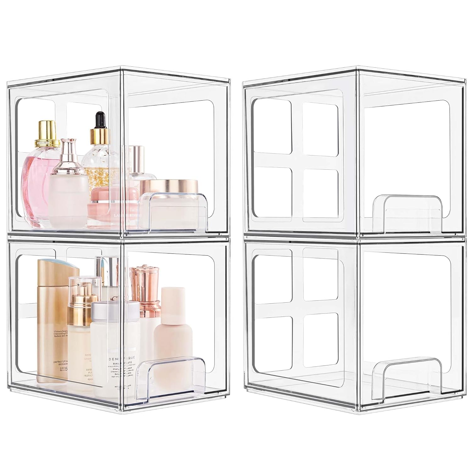 SMARTAKE Paquete de 4 cajones organizadores de maquillaje apilables, organizadores de baño de acrílico, cajones de almacenamiento de plástico