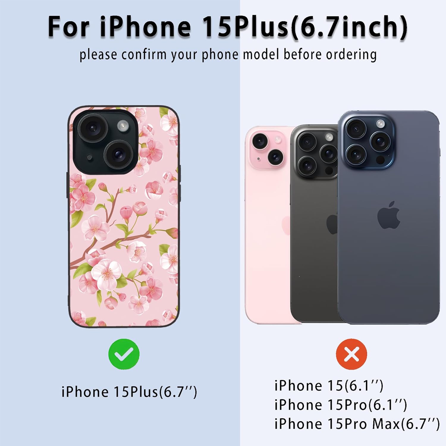 Losthll Funda compatible con iPhone 15 Plus, funda de teléfono con diseño de flores de cerezo, goma de silicona líquida suave, a prueba de golpes,