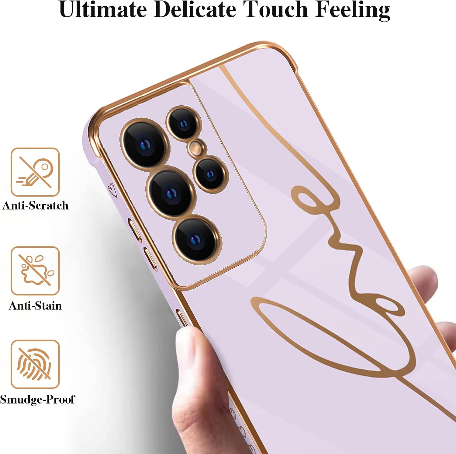 Funda compatible con Samsung Galaxy S21 Ultra 5G de 6.8 pulgadas con bonito corazón de amor lateral y patrón de letras de amor chapado para mujeres