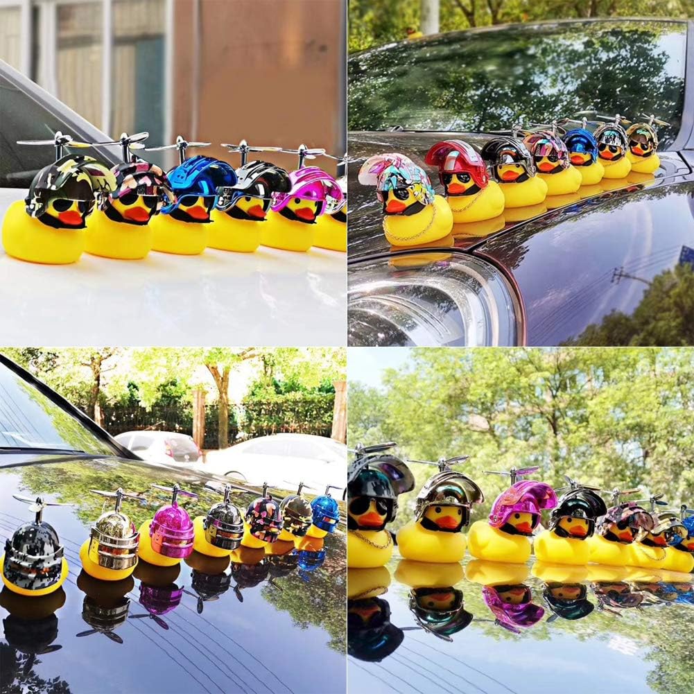 wonuu – Patito de goma amarillo de adorno, decoración para tablero de auto, el pato viene con divertidas lentes de sol y casco de hélice.