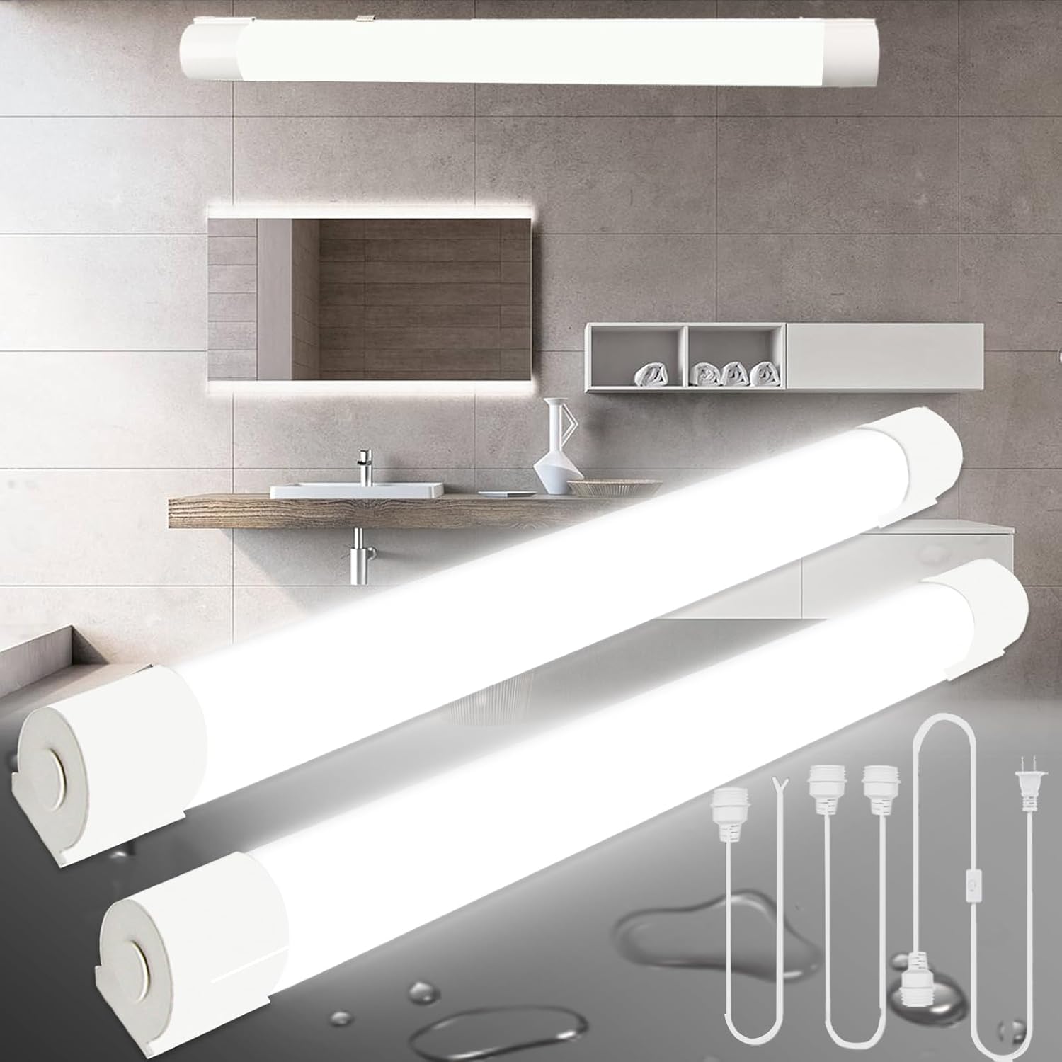 2 lámparas LED de techo de 2 pies con enchufe, luces de tubo de 5000 K debajo del gabinete, luz LED brillante de garaje con interruptor de