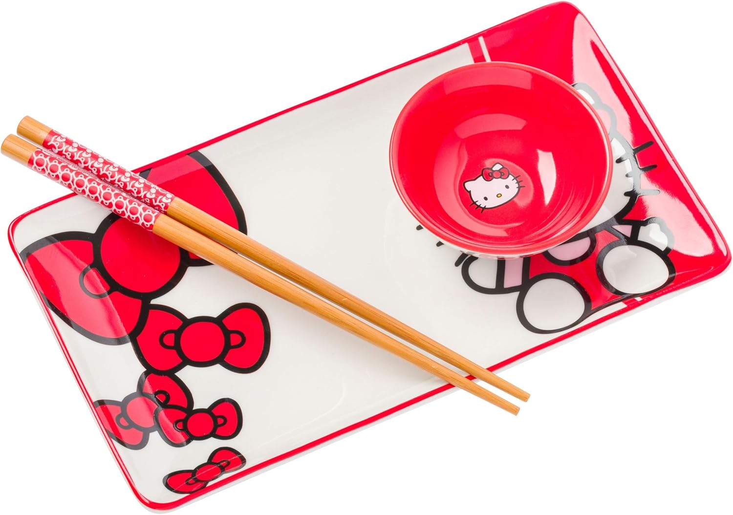Silver Buffalo Sanrio Hello Kitty – Juego de sushi de cerámica con lazo rojo y blanco con plato de salsa y palillos a juego