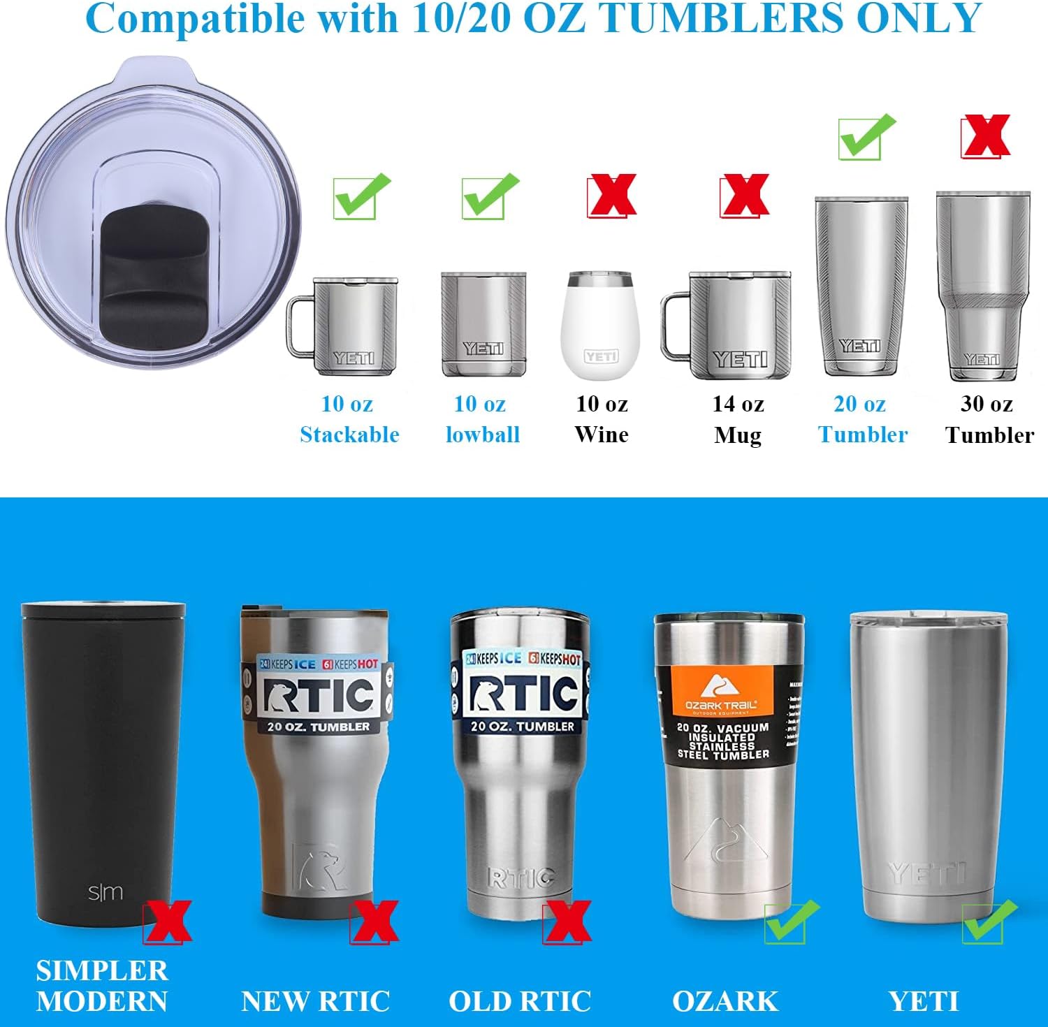 Tapa de vaso de 20 onzas, paquete de 2 tapas de repuesto reutilizables compatibles con vasos YETI de 20 onzas, taza de 1024 onzas y bola baja de 10
